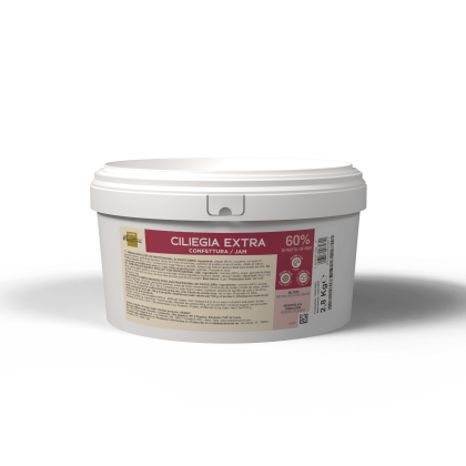 Cubo de plástico blanco de 2,8kg etiquetado "Ciliegia Extra 60% Confettura/Jam", con etiqueta rosa y beige.