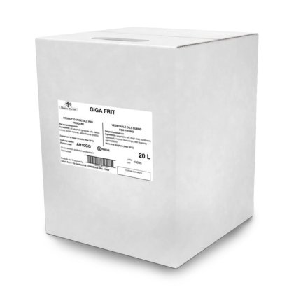 Caja de cartón blanca etiquetada "Giga Frit", mezcla de aceite vegetal de 20L para fritura profesional