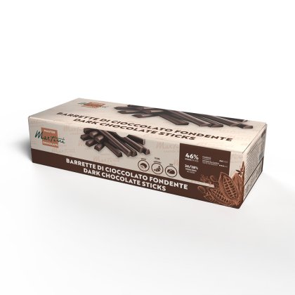 Caja rectangular de barritas de chocolate negro Master Martini, envase beige y marrón con 46% de cacao