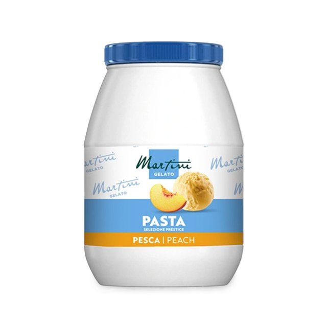 Bote de plástico blanco con tapa azul, etiquetado "Martini Gelato Pasta Selezione Prestige Pesca/Peach", con rodaja d...