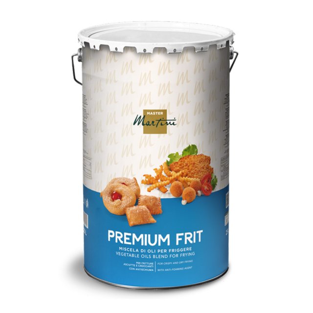 Cubo metálico de Master Martini Premium Frit, mezcla de aceite vegetal para freír, con imágenes de frituras.