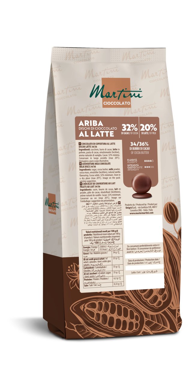 Bolsa de pie con discos de chocolate con leche Martini Ariba, 32% cacao, envase con estampado de granos de cacao