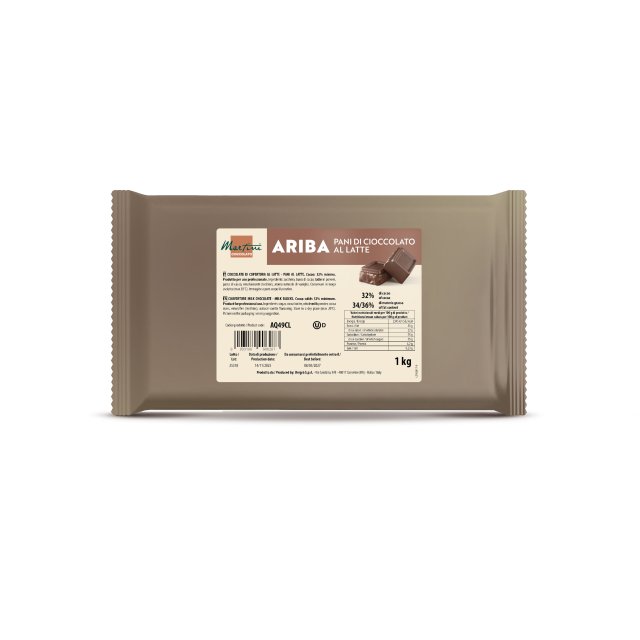 Envase plástico beige de 1kg de chocolate con leche Martini Ariba, 32% cacao, con etiqueta y trozos de chocolate