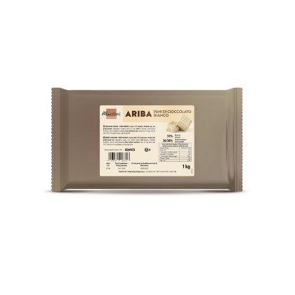 Bloques de chocolate blanco Marchesi Ariba de 1kg, envoltorio beige con etiqueta nutricional.