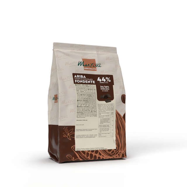 Bolsa de chocolate negro Martini Ariba al 44% en trozos, con diseño de granos de cacao en el envase.