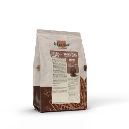 Bolsa autoestable Martini Cioccolato Ariba, discos de chocolate con leche, 29,5% cacao, envase con granos de cacao.