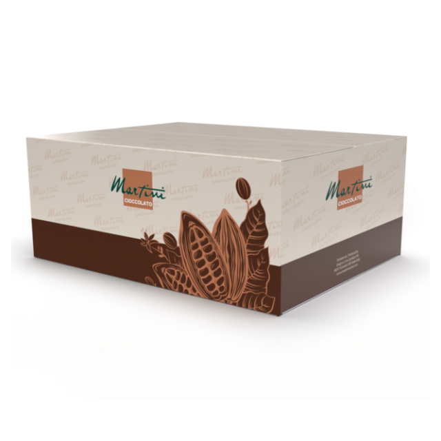 Caja de embalaje Martini Cioccolato en crema y marrón con ilustraciones de mazorcas y granos de cacao