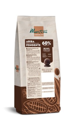 Envase marrón de discos de chocolate negro Martini Ariba Fondente 60% con ilustraciones de cacao y etiqueta nutricional