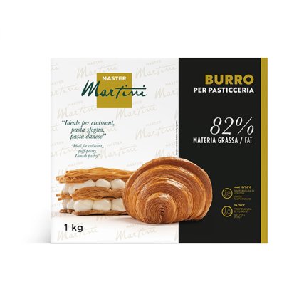 Caja de mantequilla de pastelería Master Martini 1kg, 82% grasa, con croissant y hojaldre relleno de crema.
