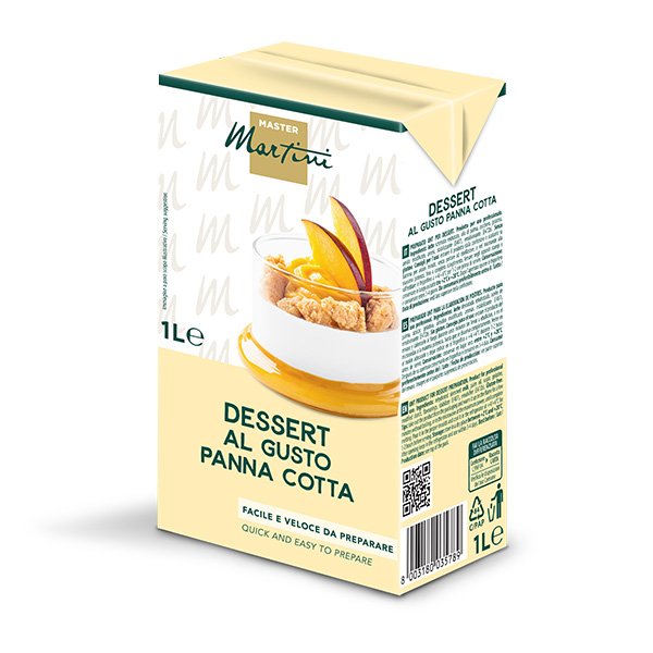 Mezcla para postre sabor panna cotta Master Martini de 1L, crema en copa con rodajas de melocotón