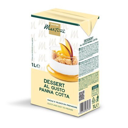 Mezcla para postre sabor panna cotta Master Martini de 1L, crema en copa con rodajas de melocotón