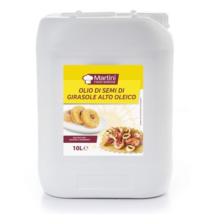 Garrafa de plástico blanca de 10L de aceite de girasol alto oleico Martini Food Service, con etiqueta de donas y mari...