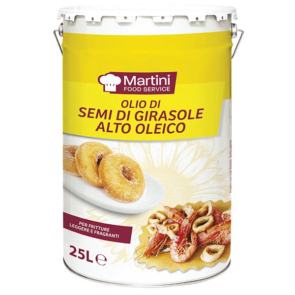 Lata metálica de 25L de aceite de girasol alto oleico Martini Food Service, indicado para freír, con donuts y marisco...
