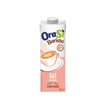 Envase de 1 litro de leche de avena OraSì Barista, vegetal, elaborado en Italia, con taza de café ilustrada en envase...