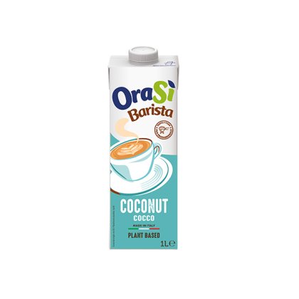 Envase de 1 litro de bebida vegetal OraSì Barista Coconut, empaque verde azulado con ilustración de taza de latte, fa...