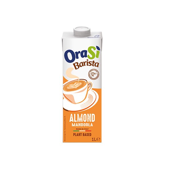 Leche vegetal OraSì Barista Almond en cartón de 1L, envase naranja con gráfico de taza de latte, hecho en Italia