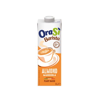 Leche vegetal OraSì Barista Almond en cartón de 1L, envase naranja con gráfico de taza de latte, hecho en Italia