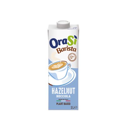 Envase de 1 litro de la bebida vegetal OraSì Barista Avellana, etiqueta azul claro e ilustración de capuchino.