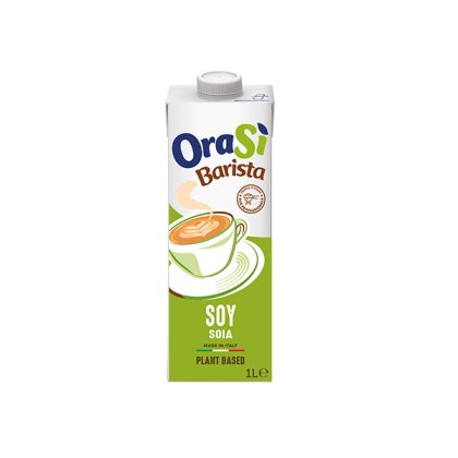 Envase de 1 litro de bebida vegetal de soja OraSì Barista, etiqueta verde con taza de café, hecho en Italia.