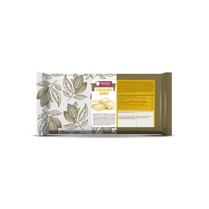 Envase de bloque de chocolate blanco Martini Food Service con ilustraciones de cacao y etiqueta nutricional a la derecha