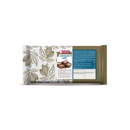Envoltorio de tableta de chocolate con leche Martini Food Service con ilustraciones de cacao y etiqueta nutricional