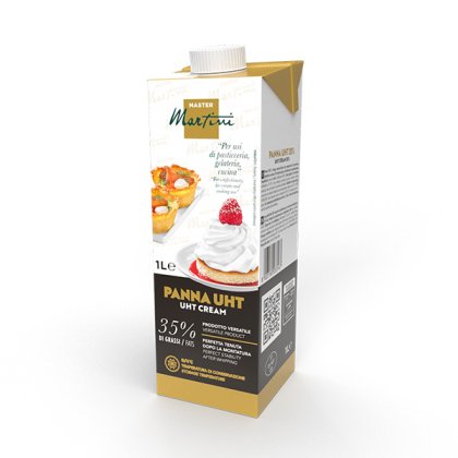 Envase de 1 litro de nata UHT Master Martini Panna, 35% grasa, con imágenes de pastelería y nata montada