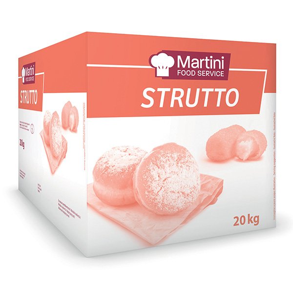 Caja de 20kg de Strutto (manteca de cerdo) Martini Food Service con pasteles espolvoreados sobre una tabla