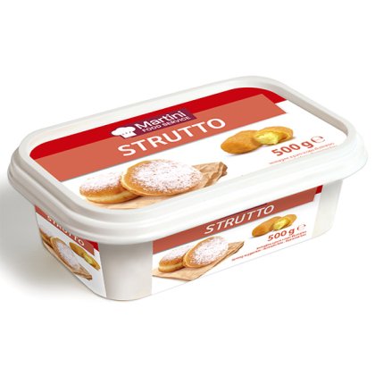 Tarrina de plástico blanca Martini Food Service Strutto, 500g, etiqueta roja con donuts azucarados.