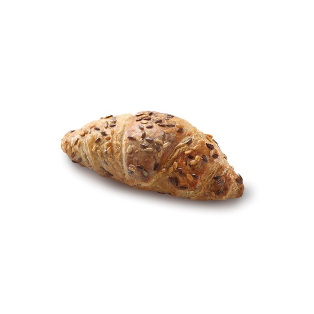 Croissant horneado dorado cubierto con mezcla de semillas, sobre fondo blanco