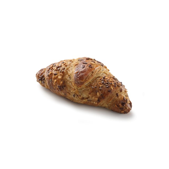 Croissant multicereales dorado cubierto con semillas variadas, fotografiado en fondo blanco