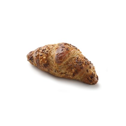 Croissant multicereales dorado cubierto con semillas variadas, fotografiado en fondo blanco