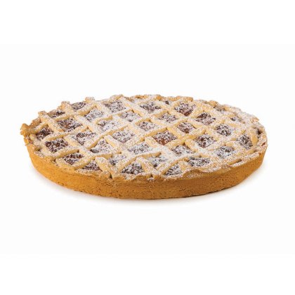 Tarta redonda de mermelada con celosía dorada espolvoreada de azúcar glas, mostrando el relleno de fruta.