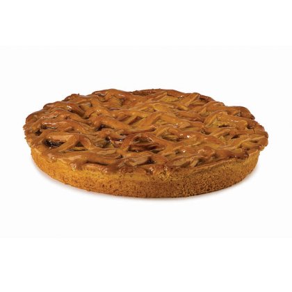Tarta redonda con masa en enrejado y corteza horneada dorada, sobre fondo blanco