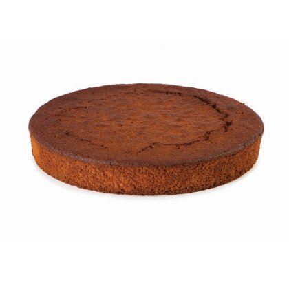 Bizcocho redondo marrón oscuro sin glaseado, superficie agrietada, fondo blanco