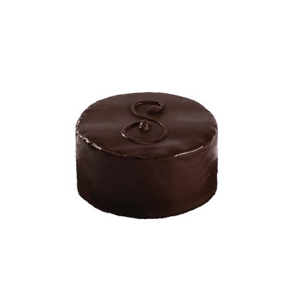 Pastel de chocolate redondo con ganache oscura brillante y letra cursiva decorativa encima, fondo blanco