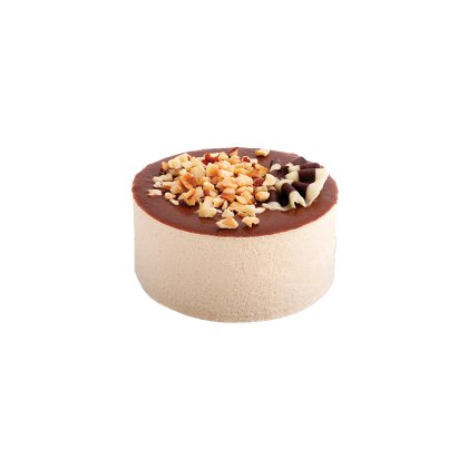 Pastel redondo con laterales en crema beige, ganache de chocolate encima, frutos secos picados y decoraciones de choc...