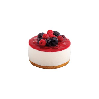 Mini cheesecake con base de bizcocho, relleno de crema blanca, glaseado de frutos rojos, decorado con arándanos y otr...