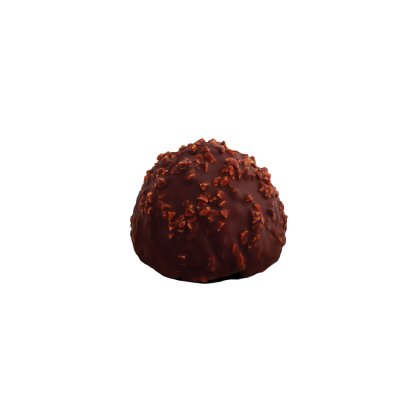 Trufa redonda de chocolate negro cubierta con nibs de cacao crujientes, fondo blanco.