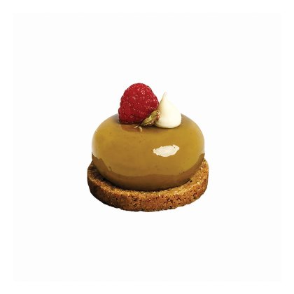 Pastel en forma de cúpula con glaseado brillante de caramelo sobre base crujiente de galleta, con frambuesa fresca y ...