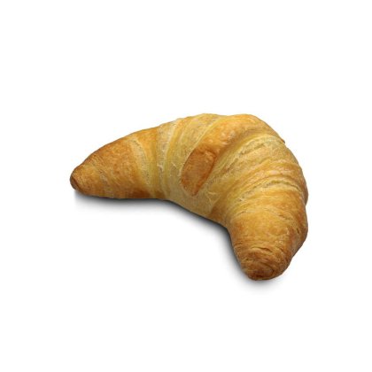 Croissant dorado y crujiente con forma curva de media luna, sobre fondo blanco.