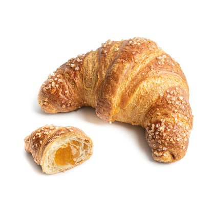 Cruasán entero cubierto de azúcar brillante junto a un trozo más pequeño cortado, revelando relleno de mermelada de a...