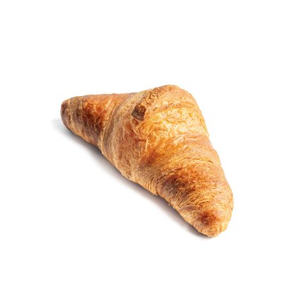 Croissant dorado y crujiente con textura hojaldrada en capas, sobre fondo blanco.