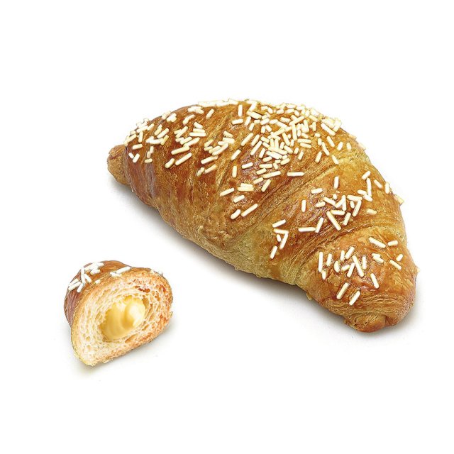 Croissant dorado con fideos blancos, con un trozo pequeño abierto que muestra relleno cremoso de vainilla.