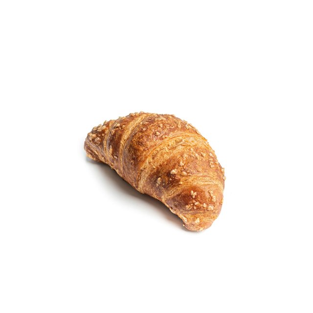 Croissant dorado curvado con cobertura de azúcar grueso, sobre fondo blanco.