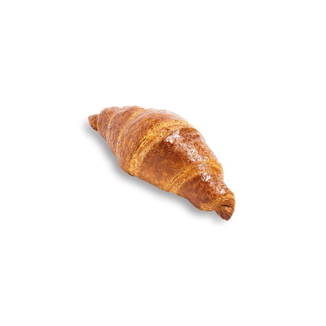 Croissant dorado con corteza brillante y crujiente, fotografiado sobre fondo blanco