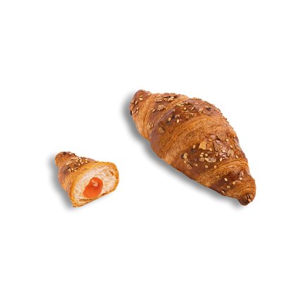 Dos croissants multicereales con relleno de albaricoque, uno entero y otro cortado mostrando el relleno, fondo blanco