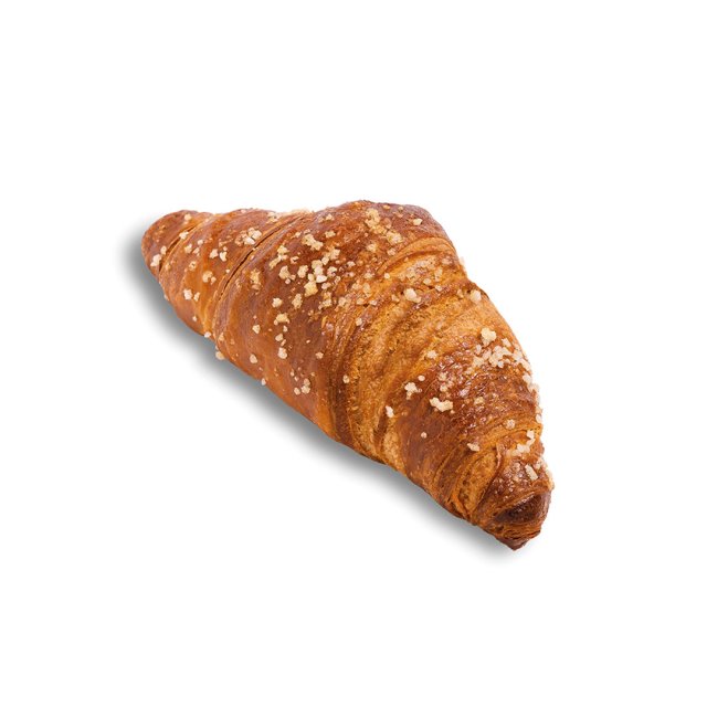 Croissant dorado con cristales de azúcar grueso, sobre fondo blanco