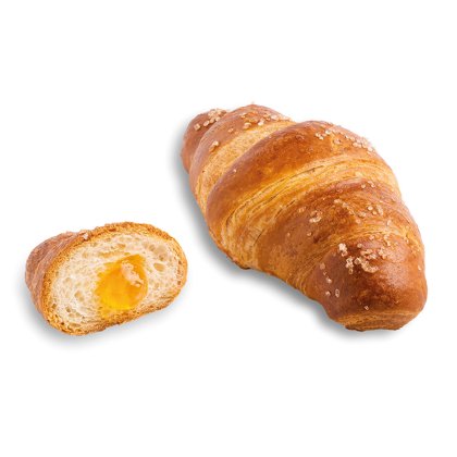 croissant pretzel dorado con azúcar gruesa, entero y cortado mostrando relleno de mermelada de albaricoque