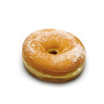 Rosquilla dorada cubierta de azúcar granulado, sobre fondo blanco