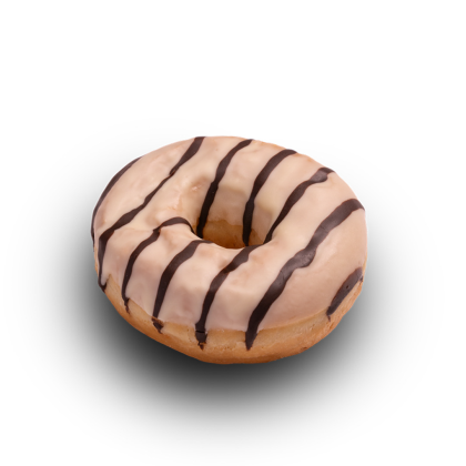 dona glaseada con finas líneas de chocolate, fondo blanco